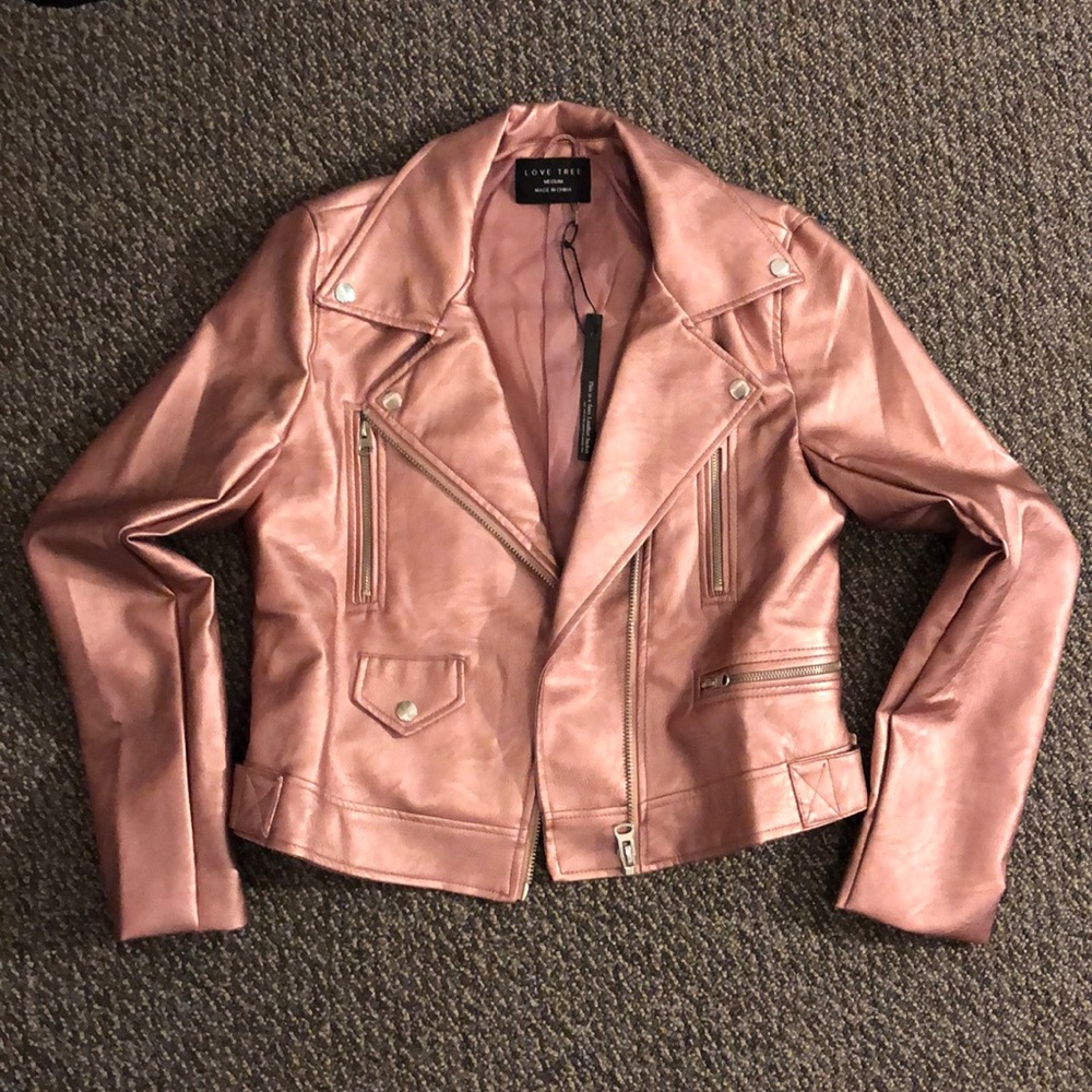 Metallic pink rose faux leather moto jacket